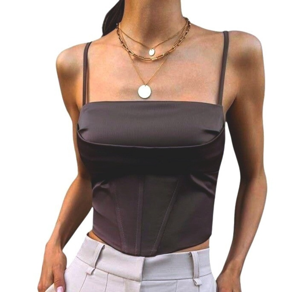 Lichi Corset Top Satin Lace Up Back Boned Bustier Minimalist Black Size S
